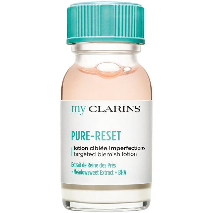 My Clarins Pure-Reset Targeted Blemish Lotion 15 ml mod urenheder i lille glasflaske med grønt låg