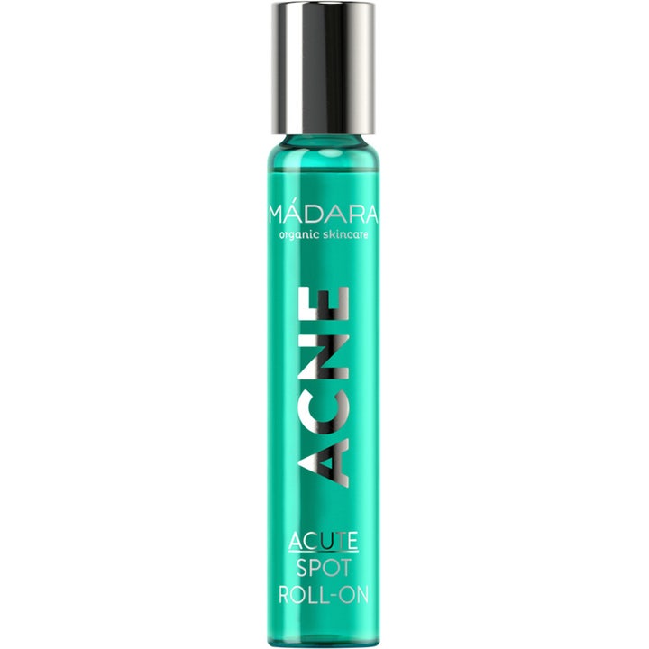 Mádara Acne Acute Spot Roll-on 8ml mod urenheder i en smal turkis glasflaske med sølvlåg.