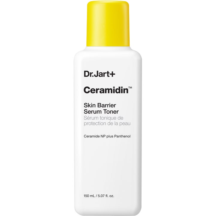 Dr. Jart+ Ceramidin Skin Barrier Serum Toner 150 ml styrkende ansigtstoner i hvid flaske med gult låg