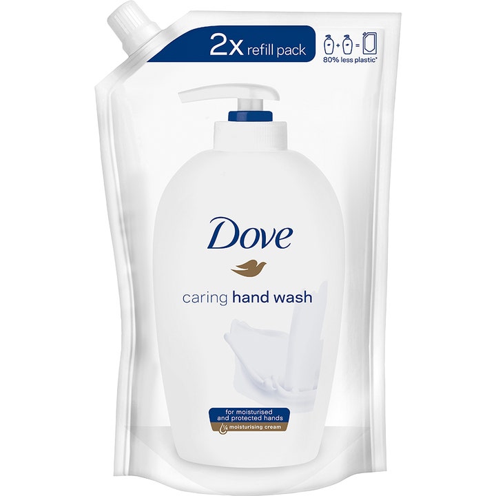 Dove Caring Hand Wash 2x refill pack fugtgivende håndsæbe i hvid refill-pose der giver bløde og beskyttede hænder