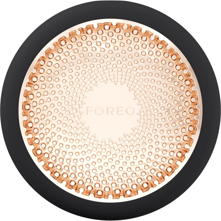 Foreo UFO 2 Black ansigtsbehandling i silikone og rosaguld med signaturmønster der giver glød