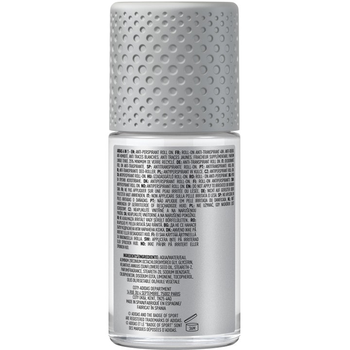 Adidas Cool & Dry 6 In 1 50 ml roll-on deodorant til mænd viser bagside med ingredienser og gråt låg