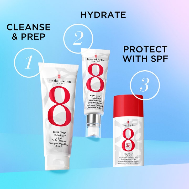 Elizabeth Arden Eight Hour Sun Hydraplay Daily Defense SPF40 50 ml fugtgivende solcreme til ansigtet vist som trin tre.