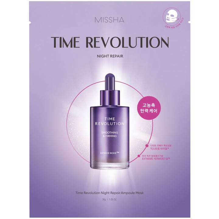 Missha Time Revolution Night Repair Ampoule Mask 30g opstrammende ansigtsmaske i lilla pose med grafik af en lilla ampul