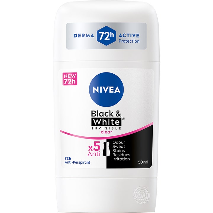 Nivea Black & White Invisible Clear 50 ml anti-perspirant i hvid stick der giver 72 timers beskyttelse mod pletter.