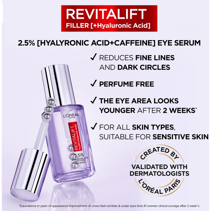 L'Oréal Paris Filler Eye Serum 20 ml mod mørke rande i lilla glasflaske med kølende applikator