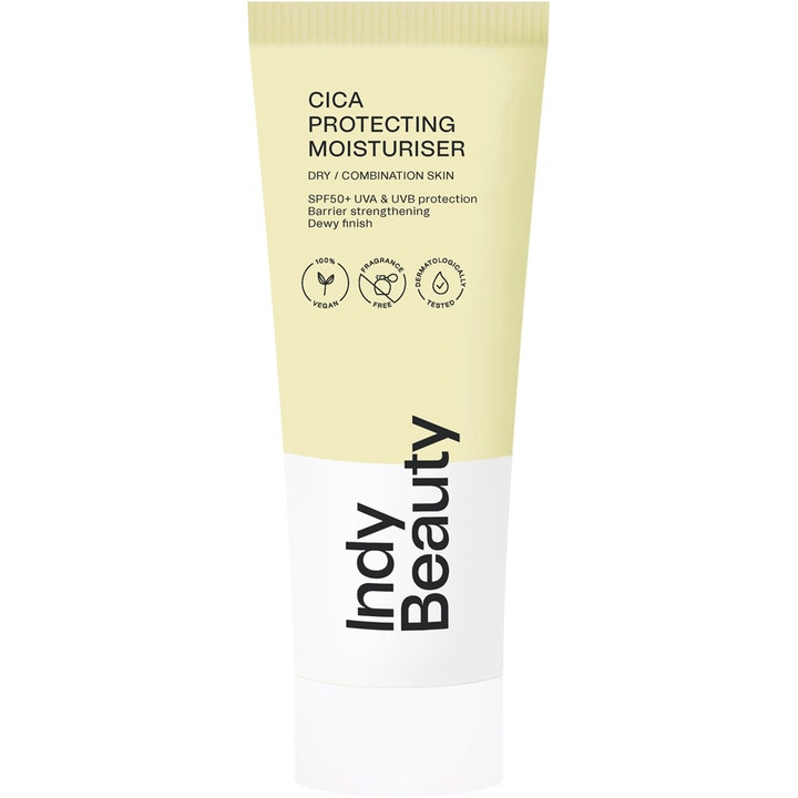 Indy Beauty Cica Protecting Moisturiser SPF50+ barrierebeskyttende ansigtscreme i en gul og hvid tube