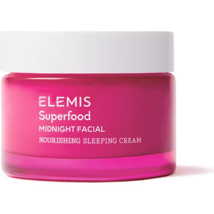 Elemis Superfood Midnight Facial Masque 50 ml nærende nattmaske i lilla glaskrukke med hvidt låg