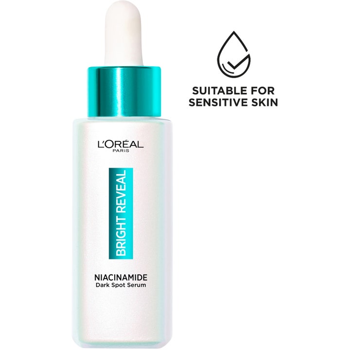 L'Oréal Paris Bright Reveal 30 ml niacinamide dark spot serum mod pigmentpletter i hvid flaske til sensitiv hud.