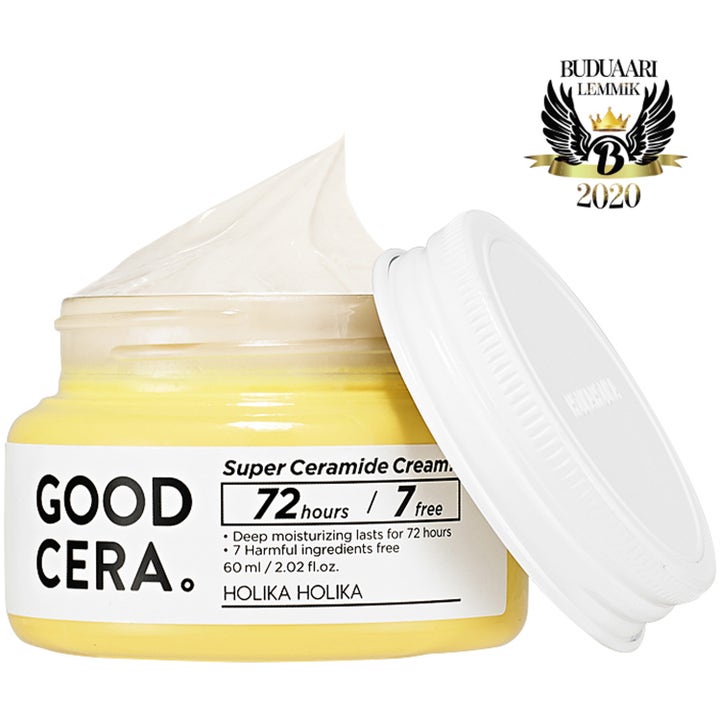 Holika Holika Good Cera Super Ceramide Cream 60 ml fugtgivende dagcreme i gul krukke med hvid cremetekstur og 72 timers fugt.