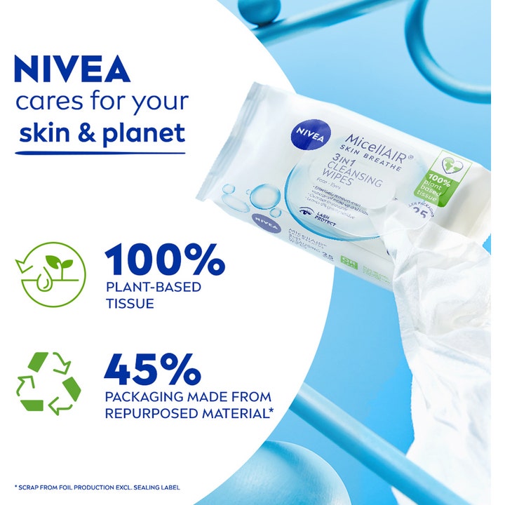 NIVEA MicellAIR Expert Wipes 25 stk renseservietter med 100% plantebaseret væv i hvid og blå pakke