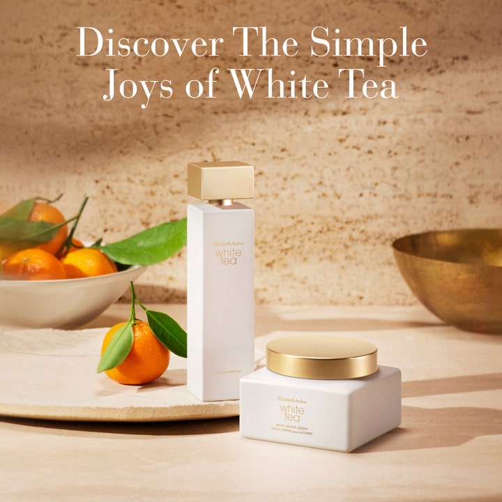 Elizabeth Arden White Tea Body Cream 225 ml fugtgivende creme i hvid krukke med guldlåg og friske mandariner