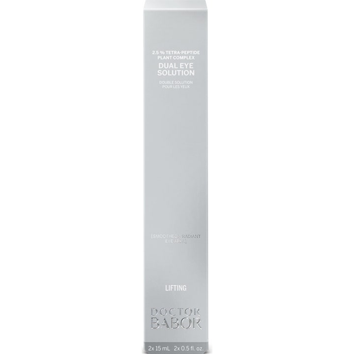 Babor Dual Eye Solution 30 ml opstrammende øjencreme i hvid æske med sølvskrift og tetra-peptid.