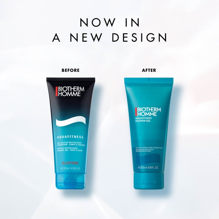 Biotherm Homme Aquafitness 200 ml opfriskende showergel i nyt turkis design vist ved siden af det gamle design