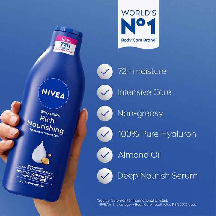 NIVEA Rich Nourishing Body Lotion 400 ml intensiv hudpleje i blå flaske giver 72 timers fugt med mandelolie