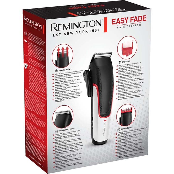 Remington Easy Fade Hair Clipper HC500 1 stk hårklipper til præcis fading vist i rød og hvid produktæske.