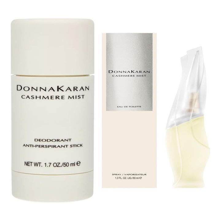 Donna Karan Cashmere Mist 50 ml deodorant stick og parfume i hvid emballage og elegant svungen glasflaske.