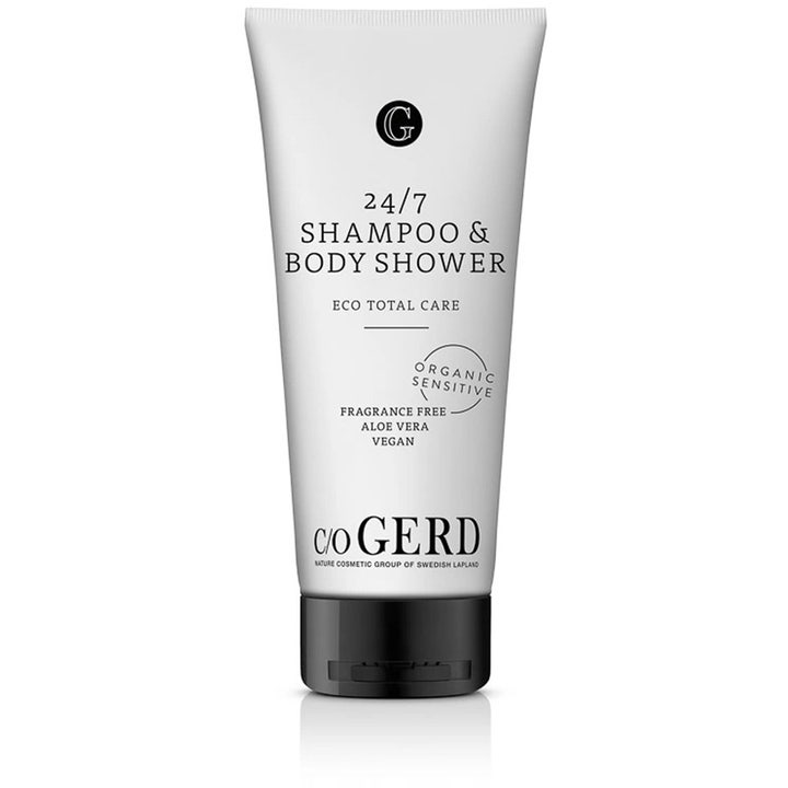 c/o GERD 24/7 Shampoo & Body Shower parfumefri krops- og hårpleje i hvid tube med sort kliklåg til sensitiv hud