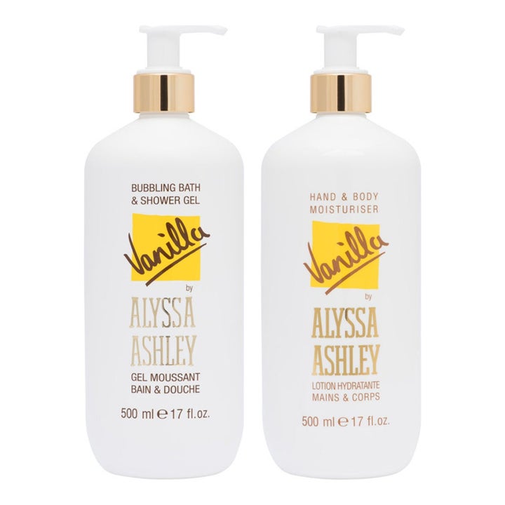 Alyssa Ashley Vanilla 2x500 ml plejende kropssæt med fugtgivende lotion og showergel i hvide pumpeflasker
