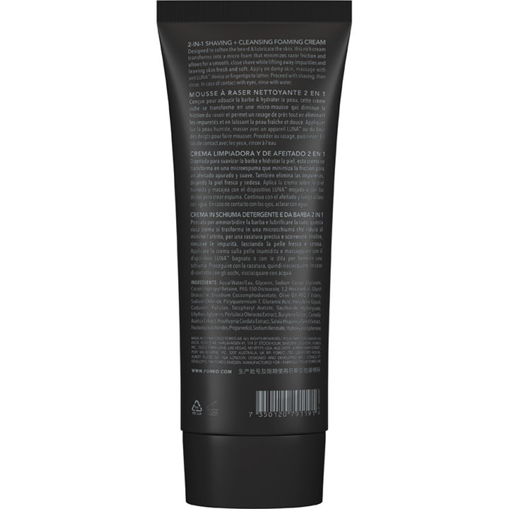 FOREO LUNA Shaving & Cleansing Foaming Cream 100 ml i sort tube med bagsideinfo og ingrediensliste