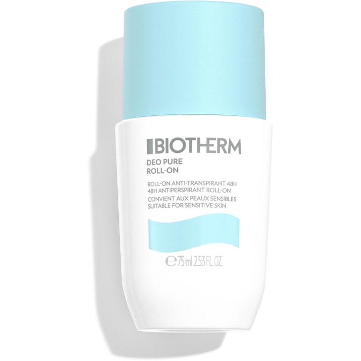 Biotherm Deo Pure Roll-On 75 ml antiperspirant til følsom hud i hvid flaske med lyseblåt låg og bølge.