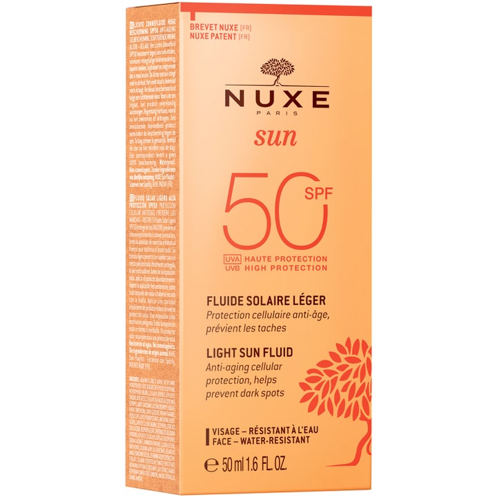 Nuxe Sun Fluid 50 ml anti-aging solcreme til ansigtet i orange pakning med SPF 50 der modvirker mørke pletter