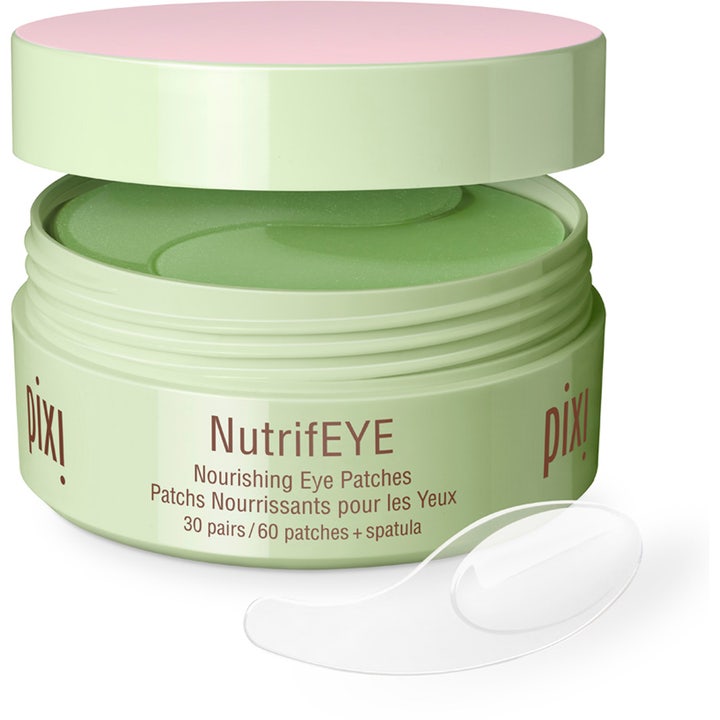 Pixi NutrifEYE 30 par nærende øjenmasker i lysegrøn krukke med lyserødt låg og synlige grønne hydrogel-patches.