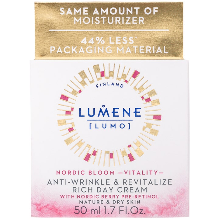 Lumene Nordic Bloom Vitality Rich Day Cream 50 ml revitaliserende dagcreme i hvid æske med gulddetaljer