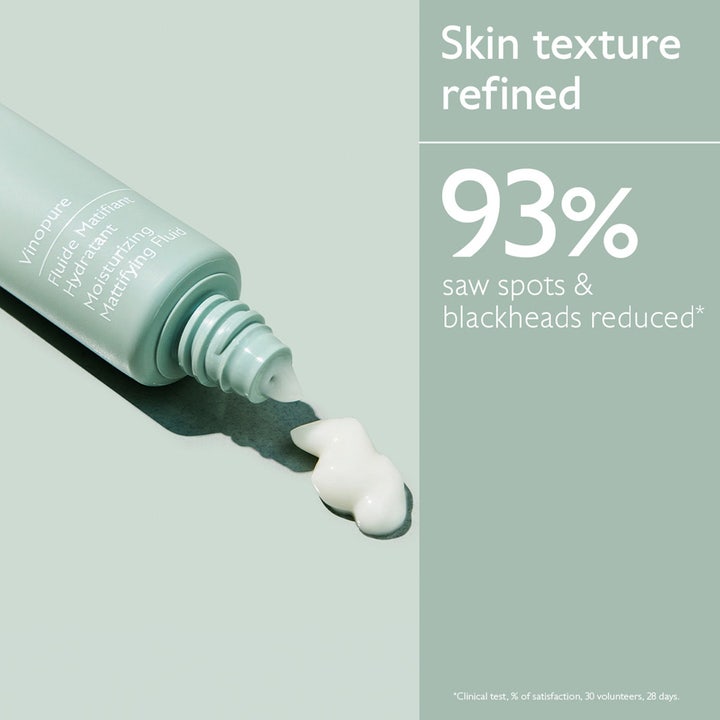 Caudalie Vinopure Moisturizing Mattifying Fluid 40 ml matterende creme med hvid tekstur og tekst om 93% færre urenheder