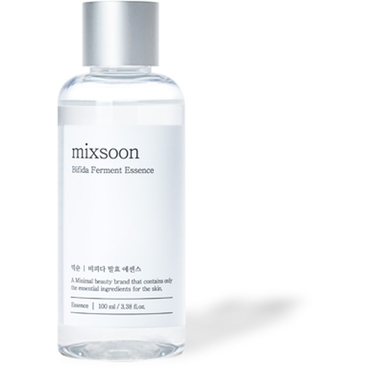 mixsoon Bifida Ferment Essence 100 ml styrkende ansigtssessens i gennemsigtig flaske med sølvlåg og hvid etiket