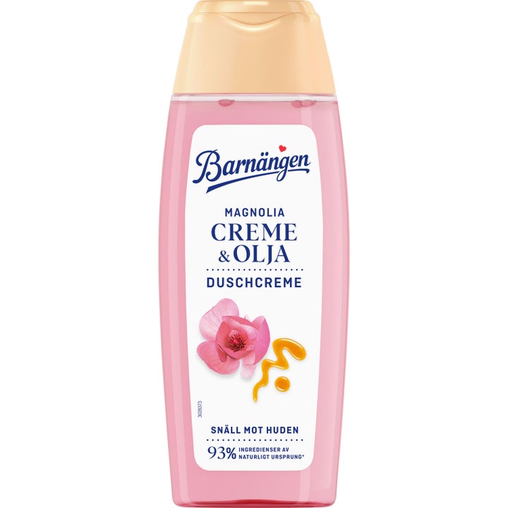 Barnängen Magnolia Creme & Olja 250ml plejende brusecreme i lyserød flaske dekoreret med magnolia og gylden olie