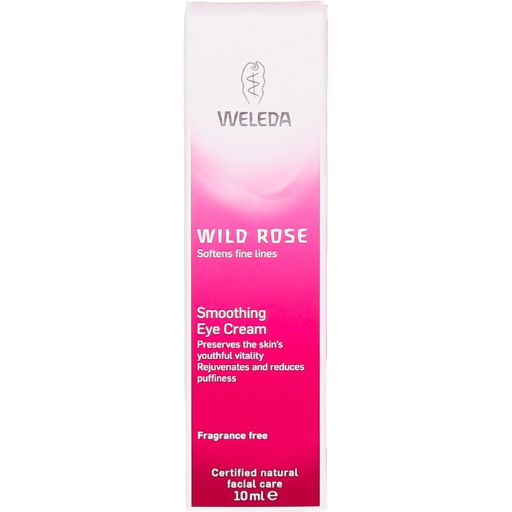 Weleda Wild Rose Smoothing Eye Cream 10 ml øjencreme i lyserød og hvid emballage der mindsker hævelser.
