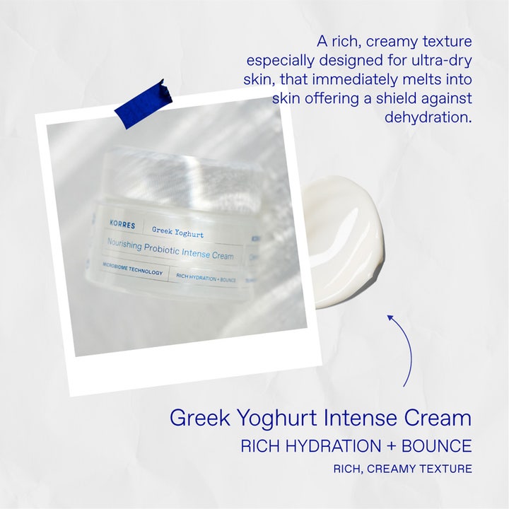 KORRES Greek Yoghurt Intense Cream 40 ml fugtgivende ansigtscreme viser en fyldig cremet tekstur ved siden af krukken.