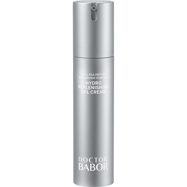 Doctor Babor Hydro Replenishing Gel Cream fugtgivende ansigtspleje i en stilfuld sølvfarvet metallisk pumpeflaske