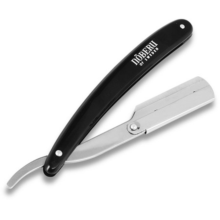 Nõberu of Sweden Shavette Barberkniv giver en præcis barbering med sort håndtag og sølvfarvet metalklinge