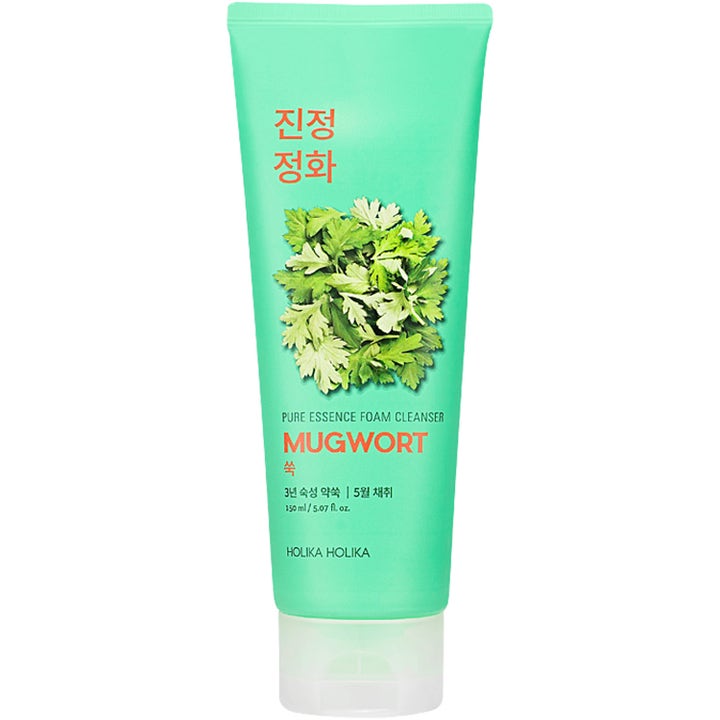 Holika Holika Pure Essence Foam Cleanser Mugwort 150 ml beroligende ansigtsrens i mintgrøn tube med gråbynkeblade