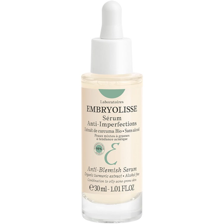 Embryolisse Anti-Blemish Serum 30 ml mod urenheder i en glasflaske med hvid pipette og klar væske.