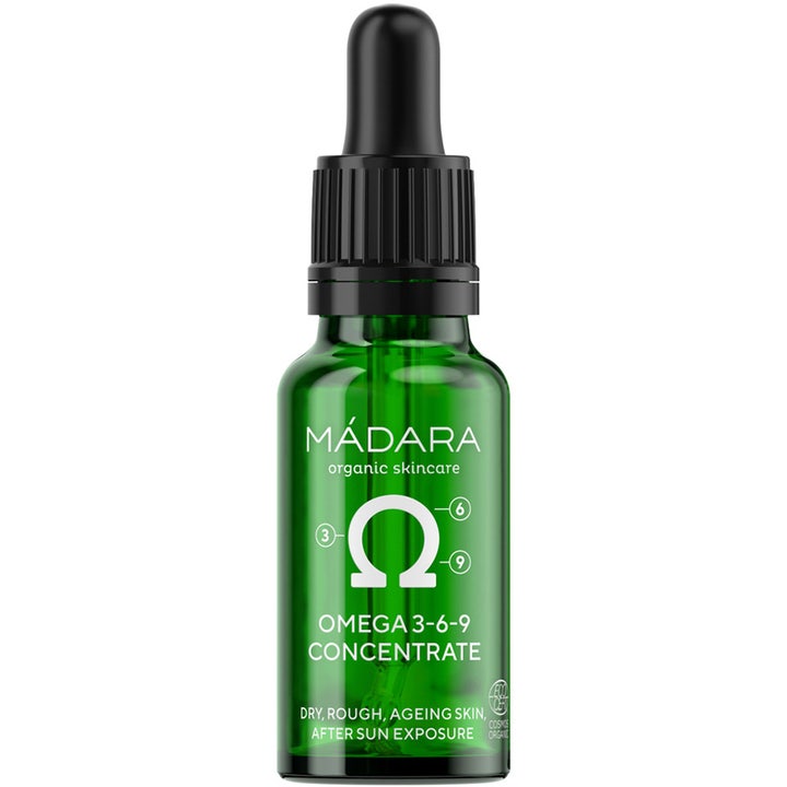 Mádara Omega 3-6-9 Concentrate nærende ansigtsolie til tør hud i grøn glasflaske med sort pipette