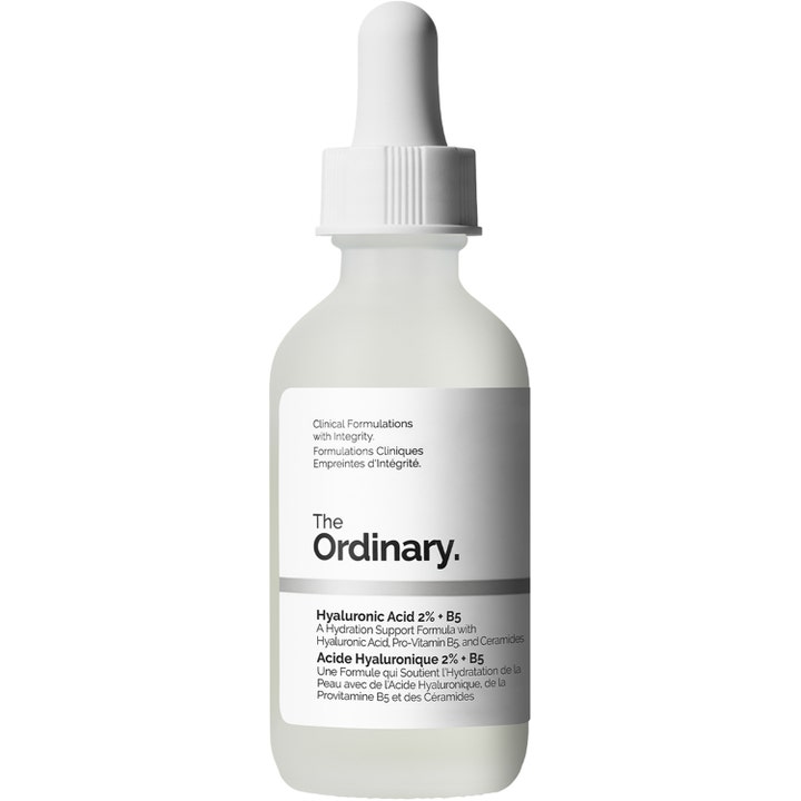 The Ordinary Hyaluronic Acid 2% + B5 fugtgivende ansigtsserum i matteret glasflaske med hvid pipette