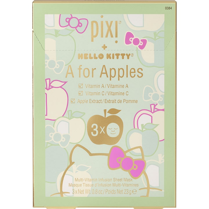 Pixi Hello Kitty A for Apples 3 x 23 g sheetmaske i grøn æske med guldkanter og vitamin A, C og æbleekstrakt