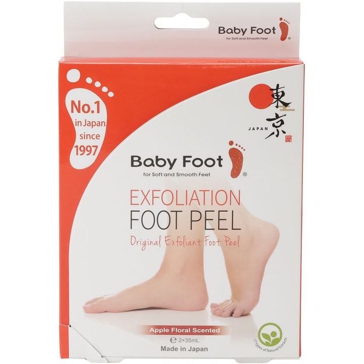 Baby Foot Exfoliation Foot Peel 2x35 ml eksfolierende fodmaske i rød og hvid emballage med motiv af bløde fødder