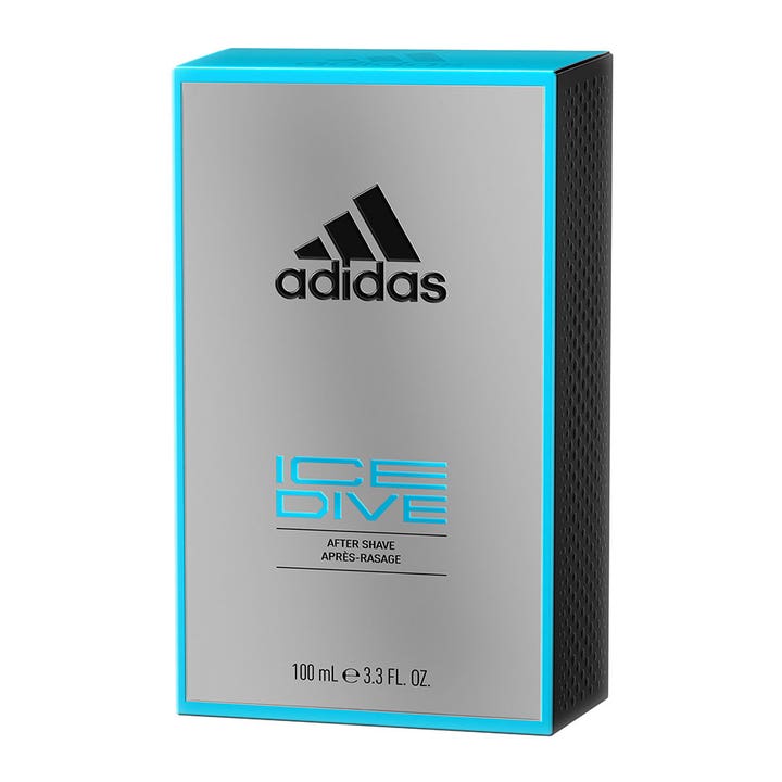 Adidas Ice Dive For Him 100 ml forfriskende after shave i sølv og blå emballage med sorte mønstrede sider.