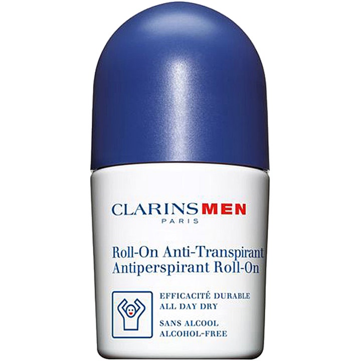 ClarinsMen Antiperspirant Roll-On deodorant giver en tør fornemmelse i hvid flaske med mørkeblåt låg.