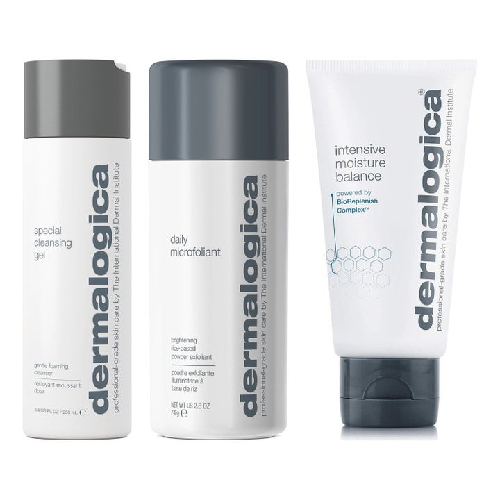 Dermalogica Special Cleansing Gel 250ml Daily Microfoliant 74g og fugtgivende creme i hvide beholdere med grå låg