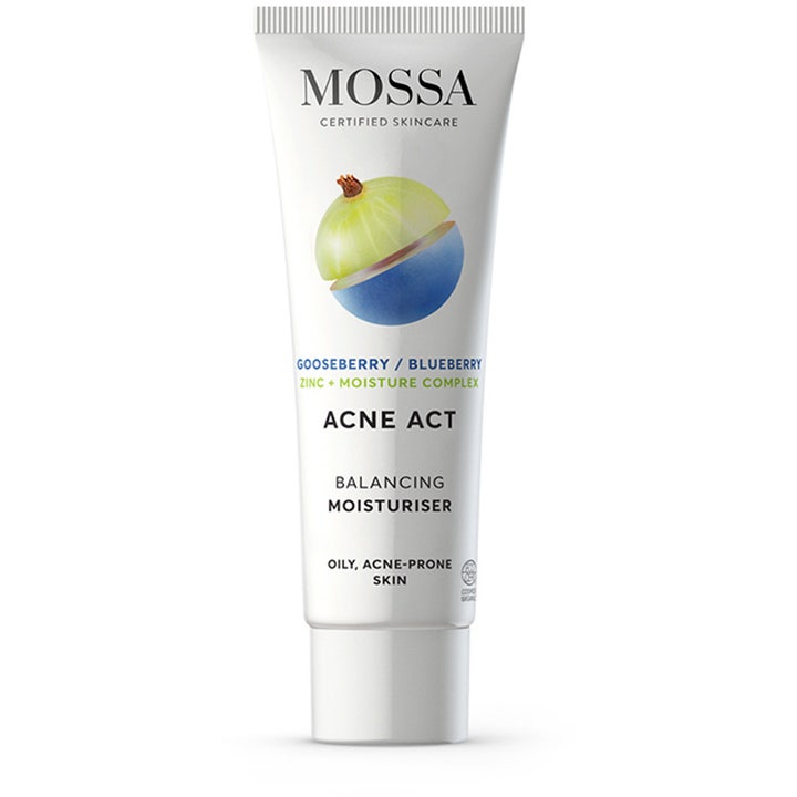 Mossa Acne Act Balancing Moisturiser balancerende ansigtscreme i hvid tube med bærillustration mod urenheder.