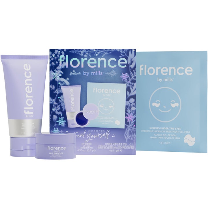 Florence by Mills Masking Party Gift Set med fugtgivende ansigtsmasker i lilla og blå vinteremballage.