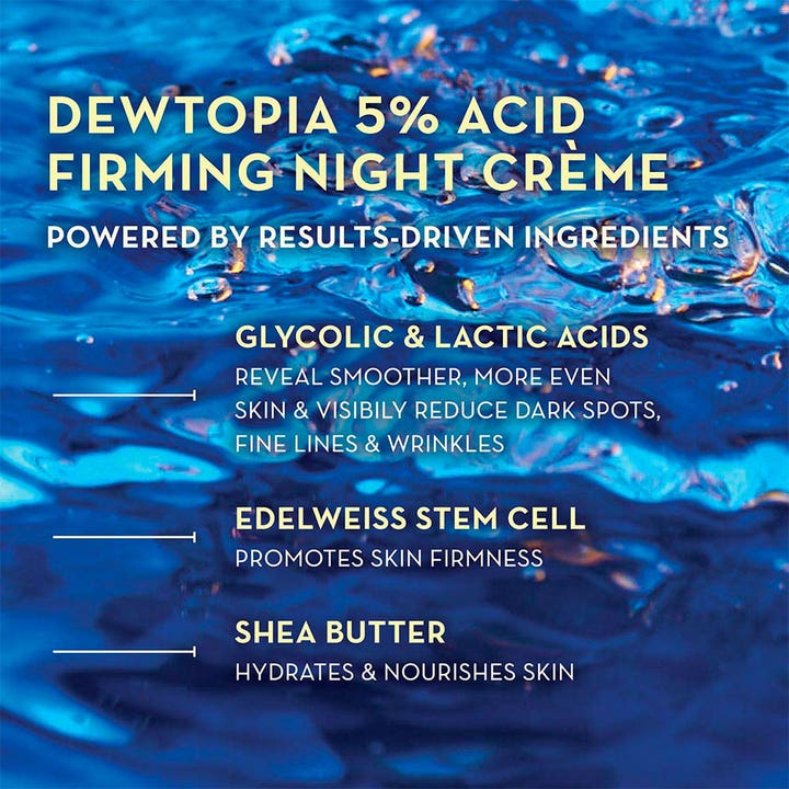 Ole Henriksen Dewtopia 5% Acid Firming Night Crème 50 ml opstrammende nattkräm med ingrediensinfo og blåt vand