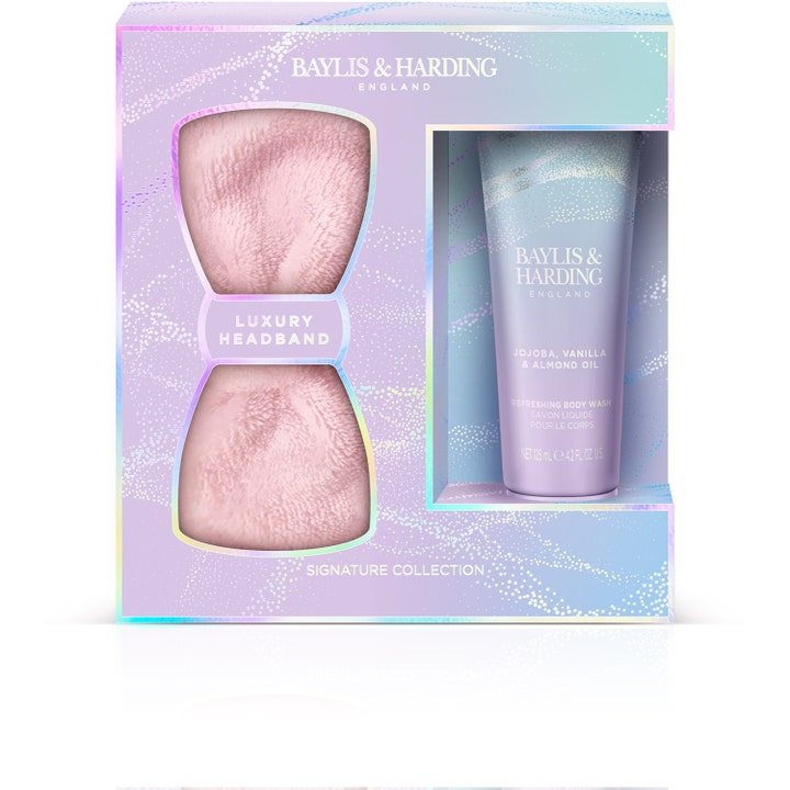 Baylis & Harding Jojoba & Vanilla 125 ml gavesæt med forfriskende body wash og lyserødt pandebånd i iriserende æske.