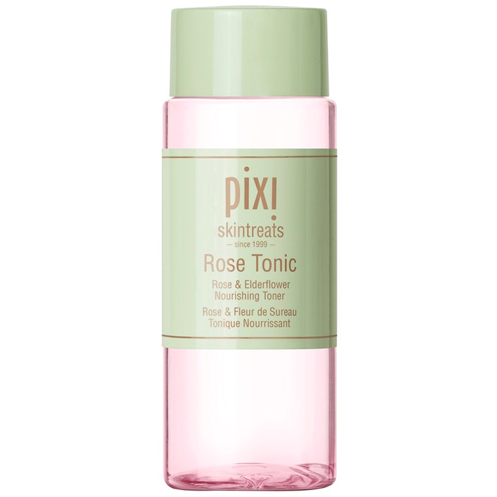 Pixi Rose Tonic 100 ml nærende ansigtstoner i gennemsigtig flaske med lyserød væske og lysegrønt låg