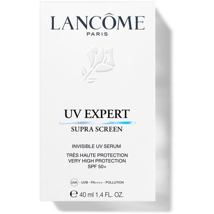 Lancôme UV Expert Supra Screen 40 ml SPF50 solcreme i hvid æske med præget rose og blå detaljer